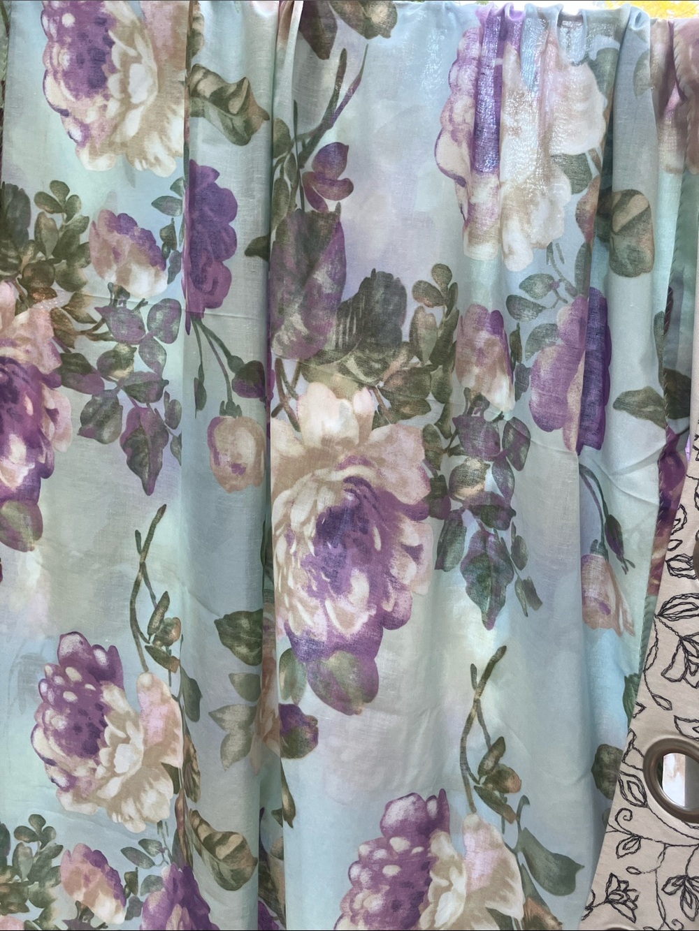 2 Floral curtain panels cotton blend with tie backs 42 x 84 blue purp semi sheer